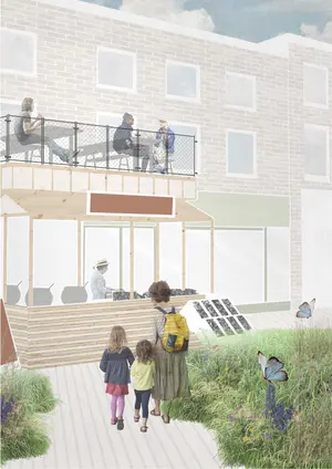 Creating a stronger connecting between the current food spaces by:
- Pedestrianising the road with a grassland
- Utilising abandoned building for education centres and community farming.

Linked to the Food Hub is an education centre sharing information on edible insects and Dudley’s biodiversity. Also offers insect cooking lessons to the local community and schools.

Immersed within the grassland is areas where existing buildings can extend out onto the street to create a stronger bond with new sustainable environment.

Redesigning the Market Place with more levels of outdoor seating to create a new experience and environment of eating food on the High Street.

Gardening and insect farming spaces integrated within the buildings. By bringing all the food production onto the High Street will help reduce food waste and also offer fresh produce to the locals. - Sita Patel Food Hub 0.png